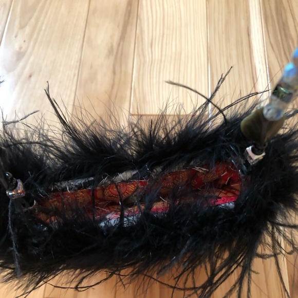 Vintage Y2K Occhio Black Feather Beaded Fringe Patterned Bag - Picture 10 of 11